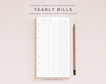 PERSONAL SIZE // Bills Tracker Planner Insert Printable, Yearly Monthly Bills Payments Log Checklist, Bills Due,  Minimal, Personal Rings