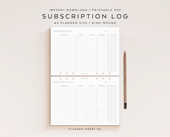 A5 PLANNER SIZE // Subscription Tracker Printable Planner Insert, Monthly Subscription Log, Membership Tracker Checklist, Minimal Planner