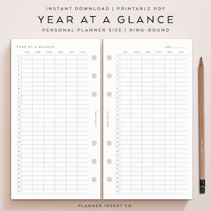 PERSONAL SIZE // Year at a Glance Printable Planner Inserts, Yearly ...