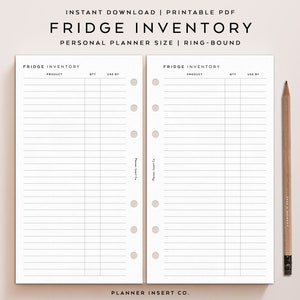 May include: A printable PDF fridge inventory planner with the text "Fridge Inventory" at the top. The planner has columns for product, quantity, and use-by dates. A pencil rests on the right side. The text "Instant Download" is at the top.
