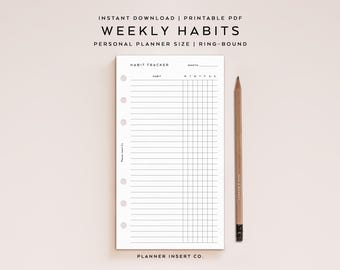 PERSONAL SIZE // Weekly Habit Tracker Printable Planner Insert  / Goals Tracker / 7 Day Habit Challenge / Routine Checklist / Personal Rings