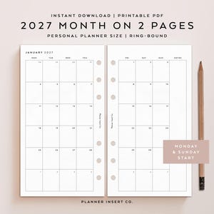Puede incluir: Un inserto de planificador PDF imprimible para 2027, con un calendario mensual en dos p&aacute;ginas. Est&aacute; dise&ntilde;ado para un tama&ntilde;o de planificador personal y encuadernaci&oacute;n en anillas. El texto dice "2027 MONTH ON 2 PAGES" y "MONDAY & SUNDAY START".