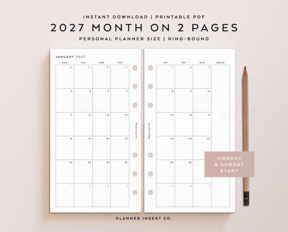 PERSONAL SIZE // 2027 Monthly Planner Printable Insert / Month On Two Pages 2027 Calendar Agenda / Monday Sunday Start / MO2P / Minimal