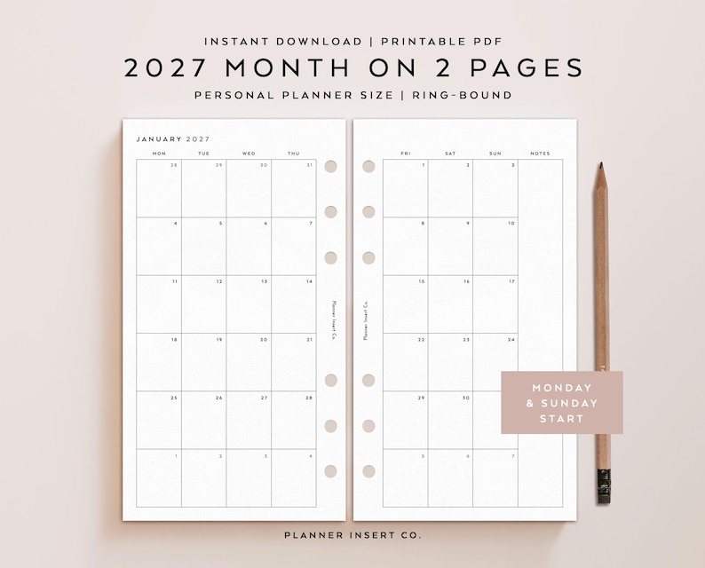 Puede incluir: Un inserto de planificador PDF imprimible para 2027, con un calendario mensual en dos p&aacute;ginas. Est&aacute; dise&ntilde;ado para un tama&ntilde;o de planificador personal y encuadernaci&oacute;n en anillas. El texto dice "2027 MONTH ON 2 PAGES" y "MONDAY & SUNDAY START".