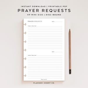 May include: A white HP Mini Size disc-bound prayer request printable PDF with lined pages and the text "PRAYER REQUESTS". A wooden pencil rests on the right side of the page. The top of the page reads "INSTANT DOWNLOAD | PRINTABLE PDF".