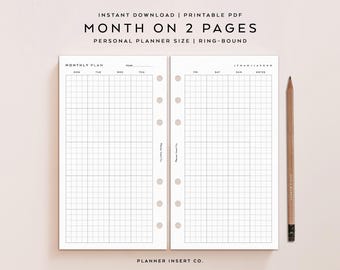 PERSONAL SIZE // Monthly Planner Printable Insert / Month On Two Pages / Monday Sunday Start / Grid / Month At A Glance / MO2P / Minimal