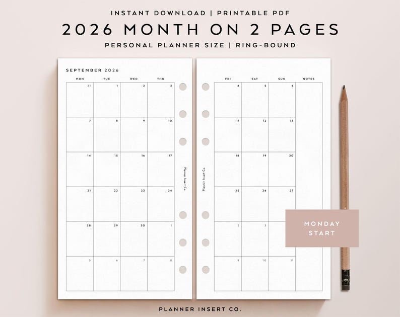 May include: A printable PDF planner spread for 2026, featuring a month-on-two-pages layout. The design includes a calendar grid with space for notes, and is ring-bound. A pencil rests beside the open pages. Text includes "Instant Download | Printable PDF" and "Monday Start."