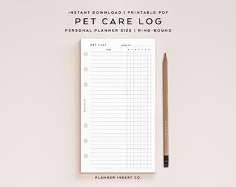 PERSONAL SIZE // Pet Care Tracker Printable Planner Insert  / Weekly Pet Care Chart / Daily Pet Care List / Pet Care Routines Checklist