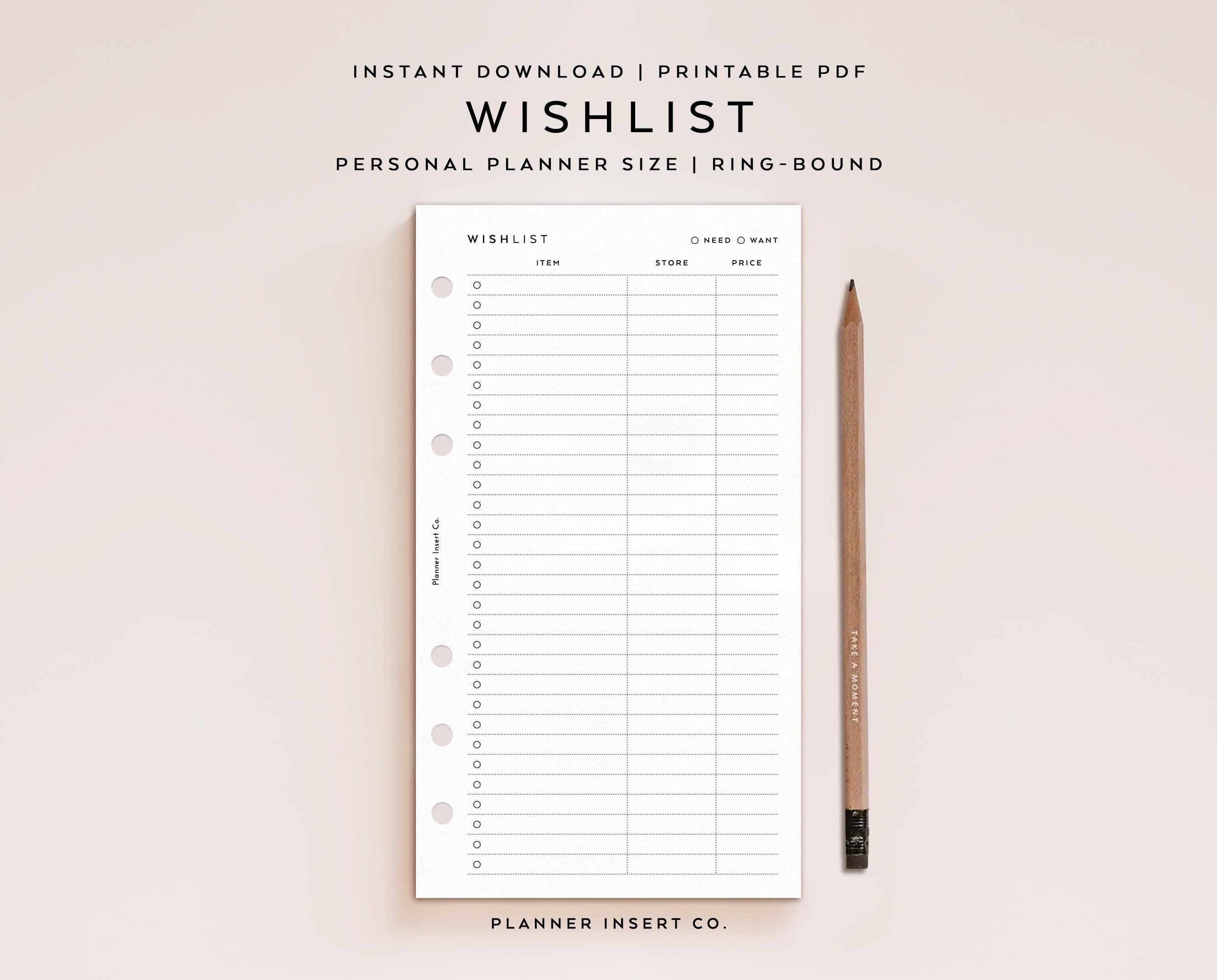 PERSONAL SIZE // Wishlist Printable Planner Insert, Birthday Wishlist ...