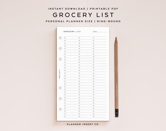PERSONAL SIZE // Grocery List Personal Planner Insert, Groceries List Printable, Food Shopping List, Meal Prep Planner, Diet Health Fitness