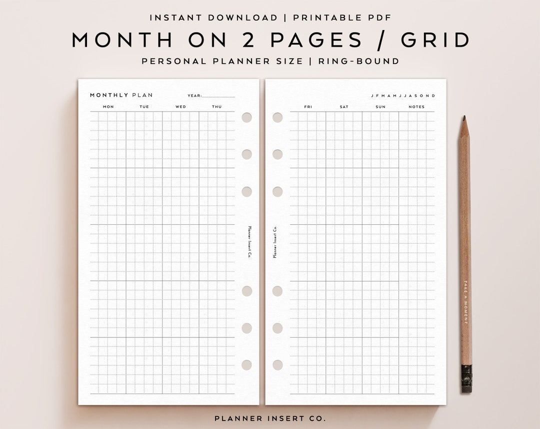PERSONAL SIZE // Monthly Planner Printable Insert / Month on Two Pages ...