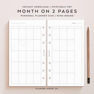 May include: A printable PDF planner insert with a month-on-two-pages layout. The design features a grid for each day, with space for notes. The text "MONTH ON 2 PAGES" is at the top. A pencil is on the right side.