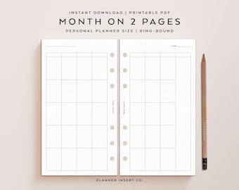 PERSOONLIJKE GROOTTE // Afdrukbare maandplanner / Maand op twee pagina's / Maand in één oogopslag / MO2P / Maandelijks / Persoonlijke ringen / Minimaal