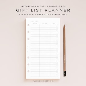 PERSONAL SIZE // Gift List Planner Printable Insert / Gift Ideas / Gift Shopping List / Gift Tracker / Personal Planner Insert Minimal