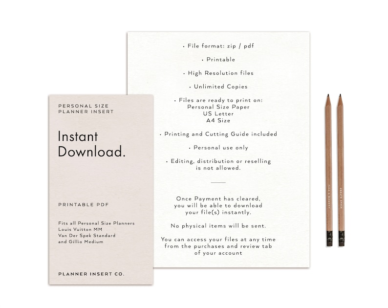 May include: A printable PDF download for a personal size planner insert. The text on the image reads "Instant Download" and "Printable PDF". The text also lists the compatible planners: Louis Vuitton MM, Van Der Spek Standard, and Gillio Medium.