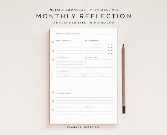 A5 PLANNER SIZE // Monthly Reflection Printable Planner Insert, Self Care Habits, Wellness, Gratitude, Self-Assessment, Mindfulness Journal