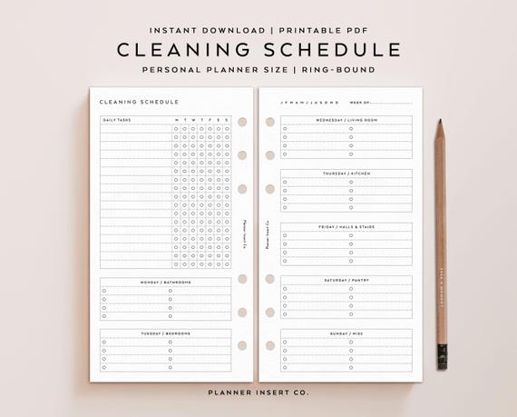 PERSONAL SIZE // Zone Cleaning Schedule Printable Planner Insert / Cleaning Checklist Home Management Weekly Chores Cleaning Plan / Minimal