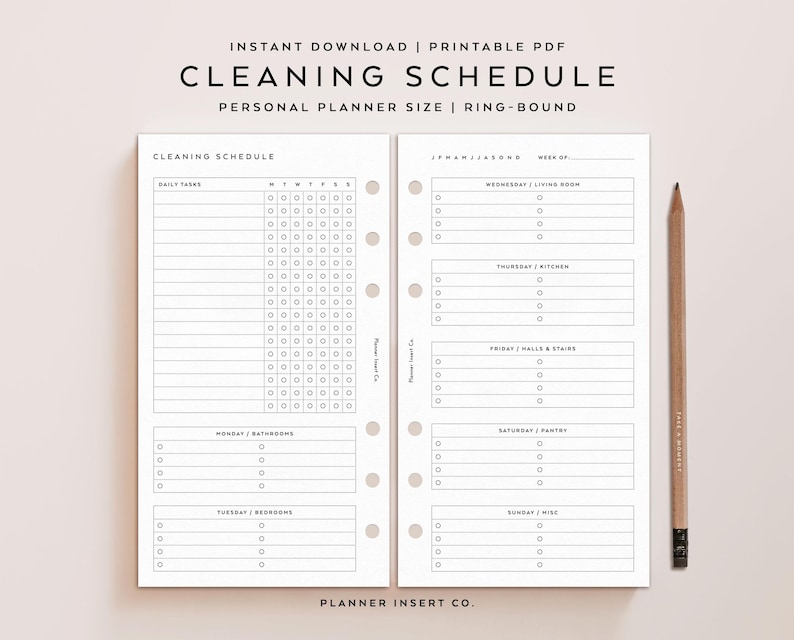 PERSONAL SIZE // Zone Cleaning Schedule Printable Planner Insert / Cleaning Checklist Home Management Weekly Chores Cleaning Plan / Minimal image 1
