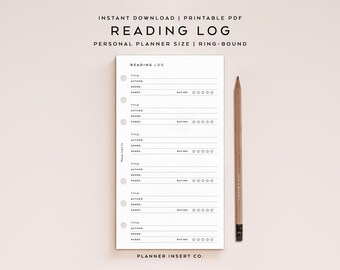 PERSONAL SIZE // Reading Log Printable Planner Insert / Student Reading Tracker Planner / Reading Journal / Books To Read / Book List Log