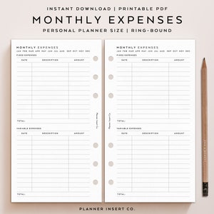 PERSONAL SIZE // Monthly Expenses Planner Insert Printable / Monthly Budget / Expenses Payments Bills / Finance Planner Insert / Minimal