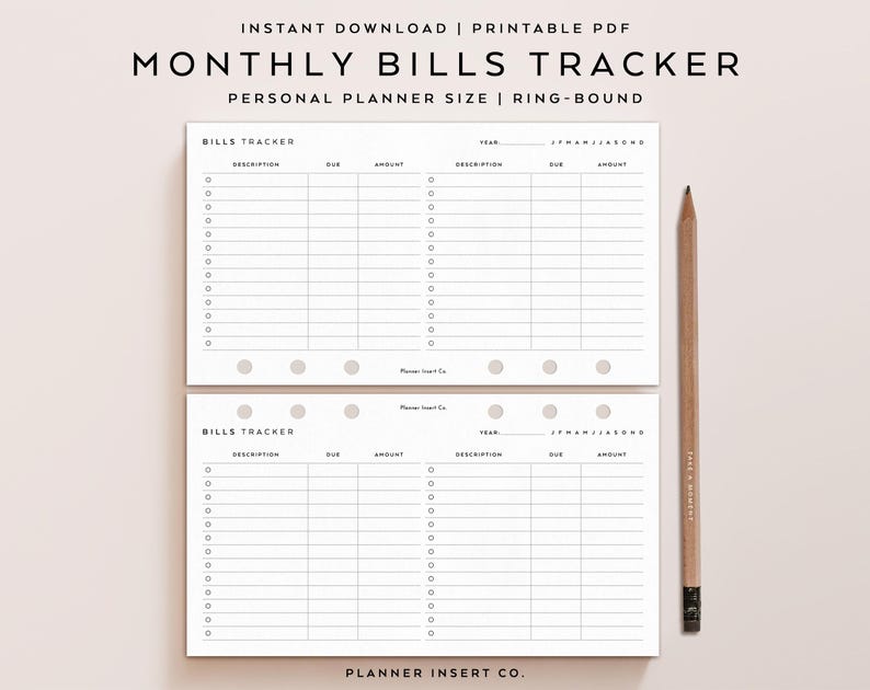 PERSONAL SIZE // Bills Tracker Printable Planner Insert, Bills Due ...