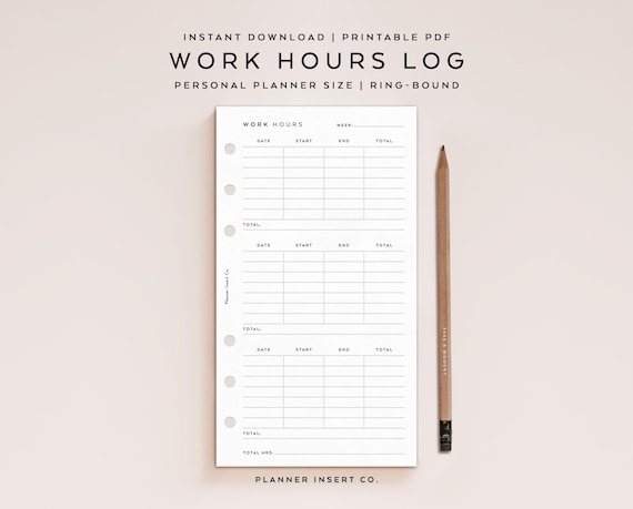 PERSONAL SIZE // Work Hours Log Planner Insert Printable, Work Hours Tracker, Work Time Tracker, Activity Tracker, Time Spent, Task Tracker
