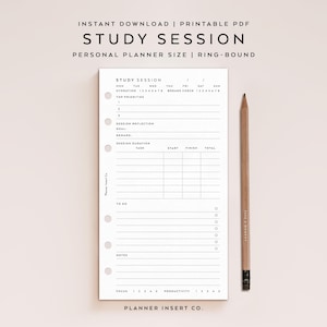 TAMAÑO PERSONAL // Planificador de sesiones de estudio, inserto imprimible / minimalista / Planificador de estudios / Inserto de planificador personal / Académico, estudiante, universidad