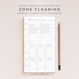 PERSONAL SIZE // Zone Cleaning Printable Planner Insert / Cleaning Checklist Home Management Weekly Chores Cleaning Plan Schedule / Minimal