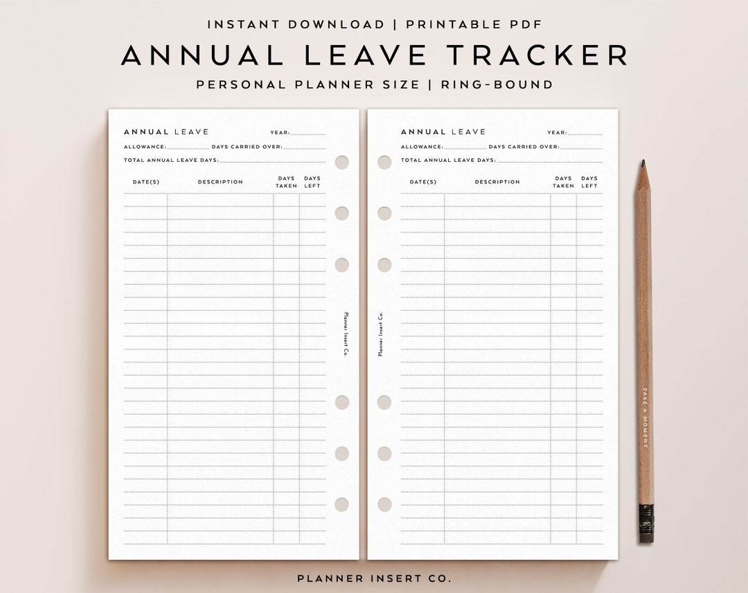 PERSONAL SIZE // Annual Leave Tracker Overview Planner Insert Printable ...