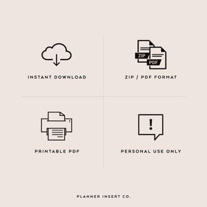 May include: Black and white icons representing instant download, printable PDF, ZIP/PDF format, and personal use only. The text "PLANNER INSERT CO." is at the bottom of the image.