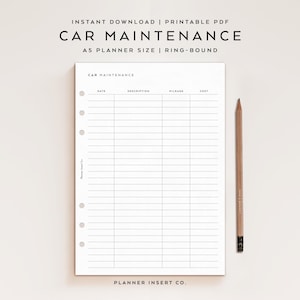 May include: A white A5 planner insert for car maintenance with six ring-binder holes on the left side. The page features a table with columns for date, description, mileage, and cost. A wooden pencil is positioned vertically to the right of the page.