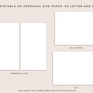 May include: A digital layout showing printable templates for personal size paper, US Letter, and A4. The text reads: PRINTABLE ON PERSONAL SIZE PAPER, US LETTER AND A4, PERSONAL SIZE, US LETTER, A4, INCLUDES TRIM MARKS FOR EASY CUTTING TO SIZE.