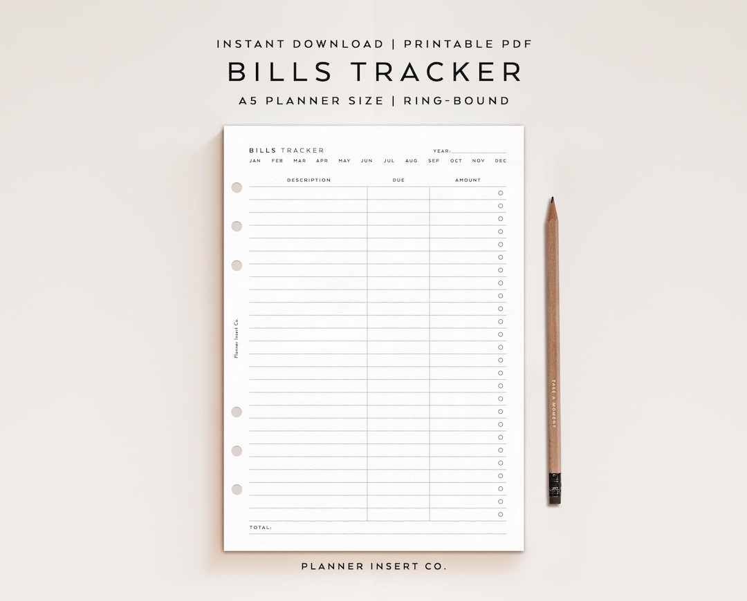 A5 PLANNER SIZE // Bills Tracker Planner Printable Insert / Bills Due ...