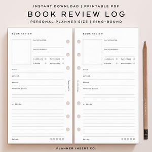 May include: A printable book review log with a minimalist design. The white pages feature sections for title, author, genre, and a favorite quote. The text "BOOK REVIEW LOG" is at the top. A pencil rests on the right side.