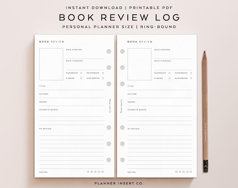 May include: A printable book review log with a minimalist design. The white pages feature sections for title, author, genre, and a favorite quote. The text "BOOK REVIEW LOG" is at the top. A pencil rests on the right side.