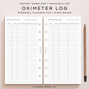 PERSOONLIJKE GROOTTE // Oximeter-tracker afdrukbare planner invoegen, zuurstoftracker, verzadigingsdagboek, pulslogboek, zuurstofrecord, logboek zuurstofniveau