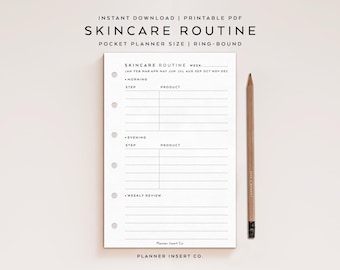 May include: A white skincare routine planner with the text "SKINCARE ROUTINE" and "POCKET PLANNER SIZE | RING-BOUND". The planner includes sections for morning and evening routines, and a weekly review. A wooden pencil rests beside the planner.