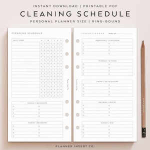 May include: A printable cleaning schedule planner insert for a personal size ring-bound planner. The insert has a daily tasks section, a weekly section with days of the week and corresponding cleaning tasks, and a section for each day of the week with a specific cleaning task.