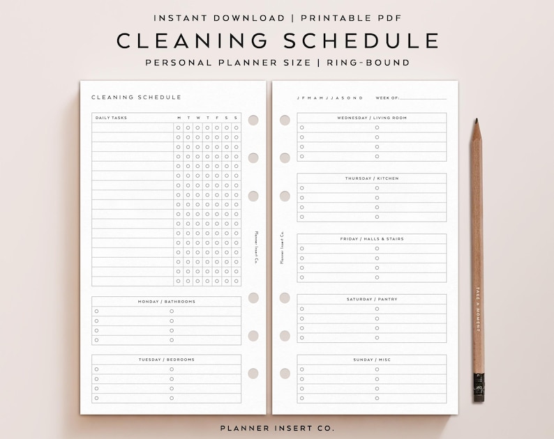 May include: A printable cleaning schedule planner insert for a personal size ring-bound planner. The insert has a daily tasks section, a weekly section with days of the week and corresponding cleaning tasks, and a section for each day of the week with a specific cleaning task.