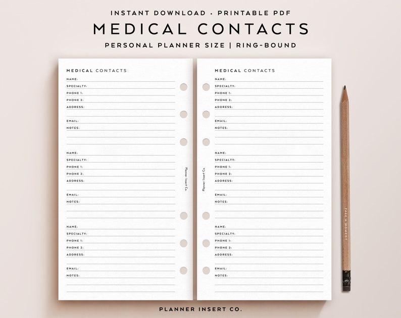PERSONAL SIZE // Medical Contacts List Printable Planner Insert ...