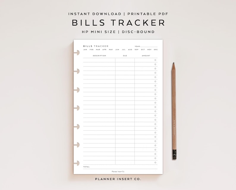 HP MINI SIZE // Bills Tracker Planner Insert Printable / Monthly Bill ...