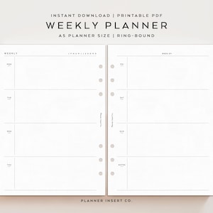 May include: A white A5 ring-bound weekly planner insert with black text. The layout features sections for Monday through Sunday, a notes section, and month indicators. The text reads WEEKLY, J F M A M J J A S O N D, WEEK OF, and Planner Insert Co.