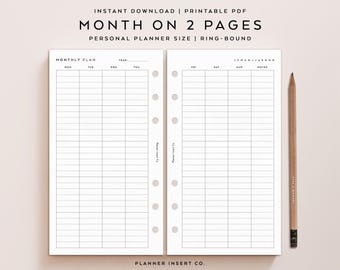 PERSONAL SIZE // Monthly Planner Printable Insert / Undated Month On Two Pages / Monday Sunday Start / Minimal Monthly Plan Agenda Organizer