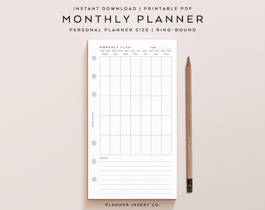 PERSONAL SIZE // Monthly Planner Printable Insert / Month at A Glance ...