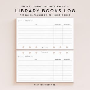 Op de afbeelding: Een printbaar PDF-logboek voor bibliotheekboeken voor een persoonlijke ringbandplanner. De witte pagina bevat zwarte tekst met LIBRARY BOOKS LOG, met kolommen voor titel, leendatum en inleverdatum, plus zes ronde gaten voor inbinding.