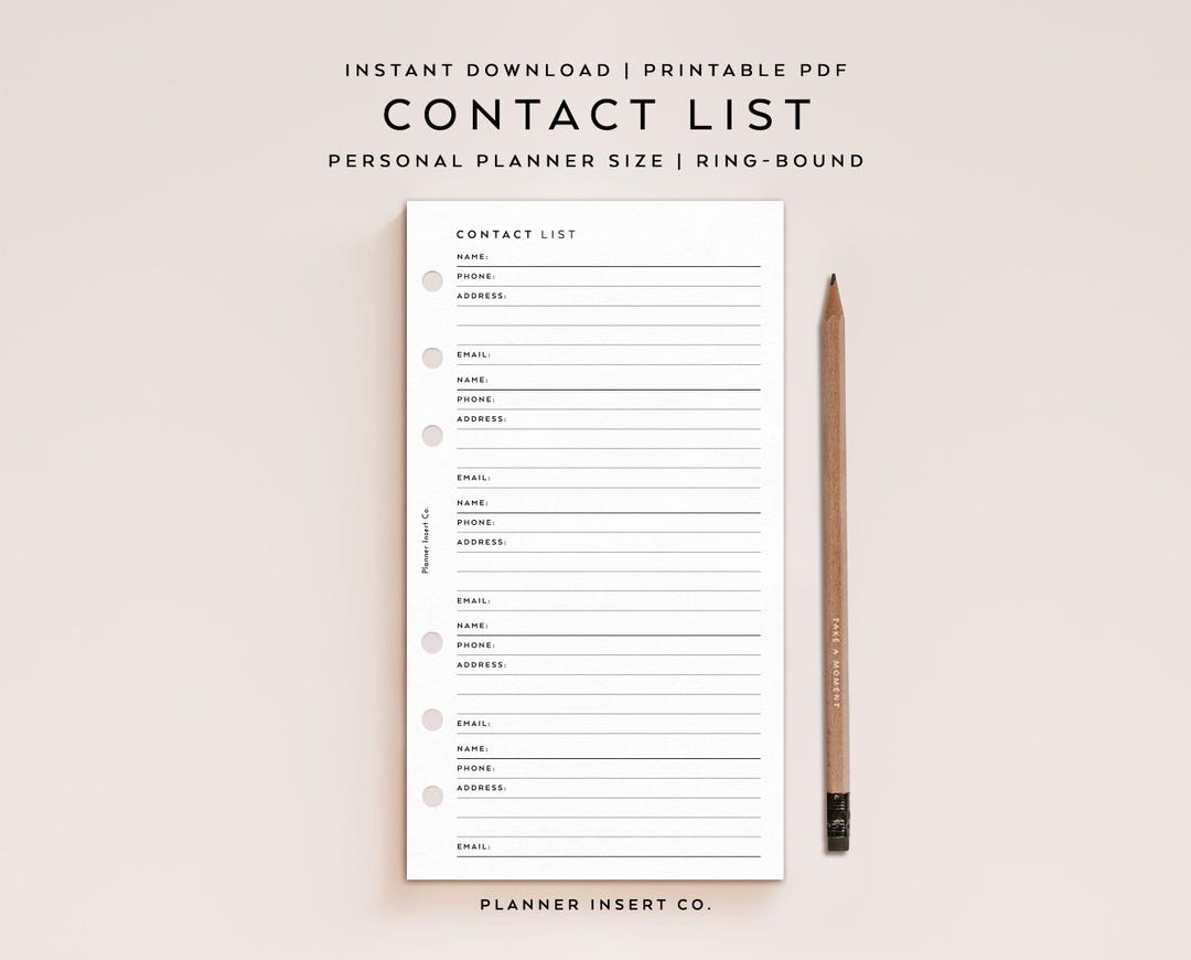 PERSONAL SIZE // Contact List Printable Planner Insert, Contact List ...