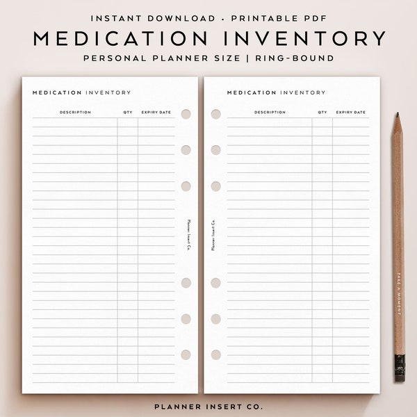 PERSONAL SIZE // Medication Inventory Tracker Planner Insert Printable / Medication Supply Stock Agenda / Medication Log / Medication List