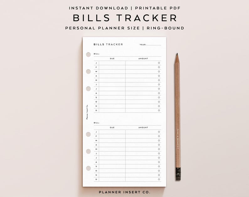 PERSONAL SIZE // Bills Tracker Printable Planner Insert, Personal Rings ...