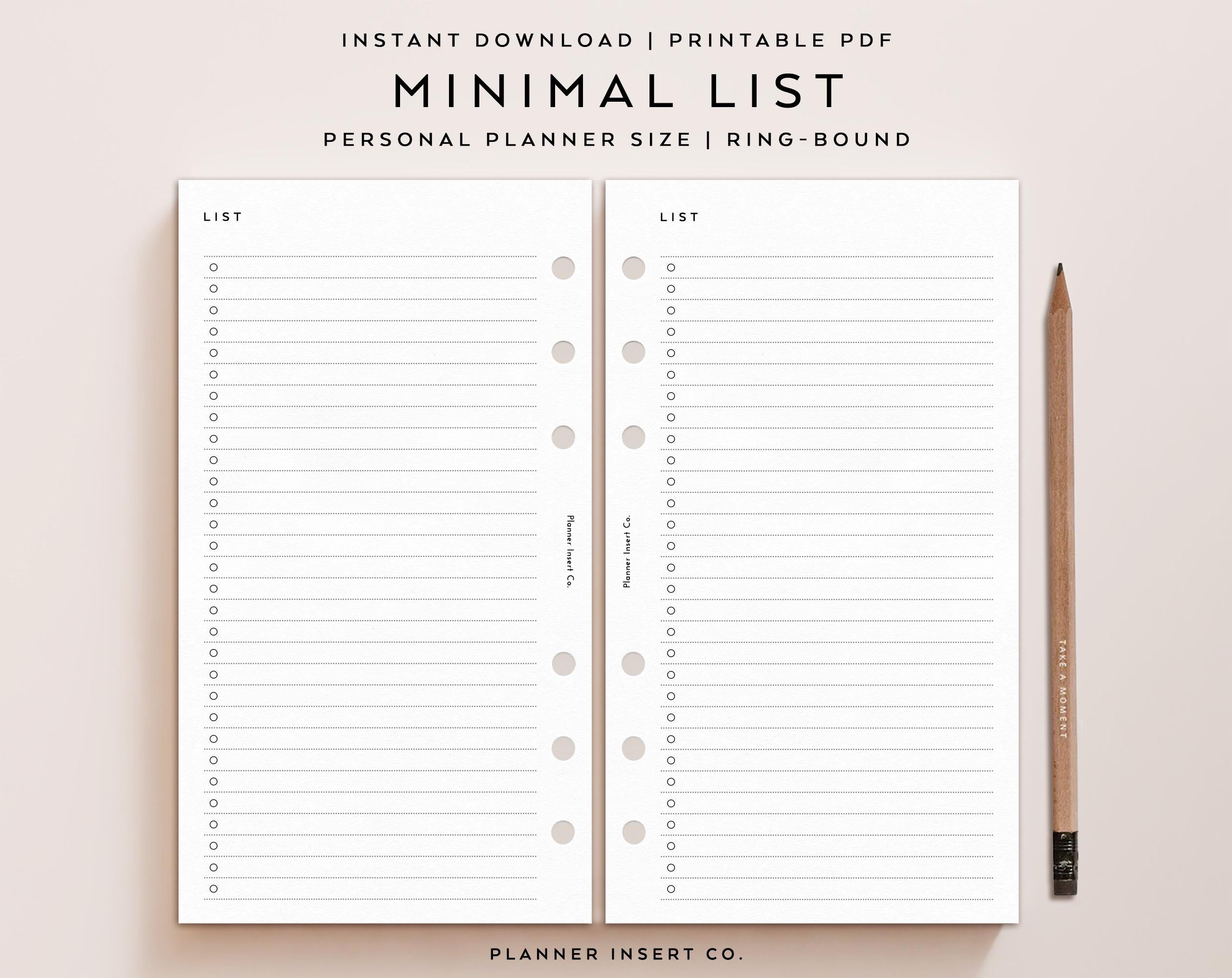 PERSONAL SIZE // Minimal List Printable Planner Insert / Checklist ...