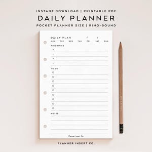 POCKET SIZE // Daily Planner Insert Printable / Undated Day Planner / Pocket Rings Planner Insert / Daily Plan Schedule Agenda / Minimal